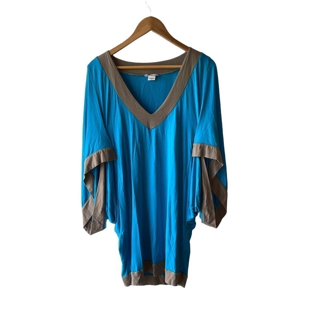 Trina Turk Size M Blue and Tan Choir Sleeve Modal Tunic Top Or Mini Dress - Picture 1 of 5
